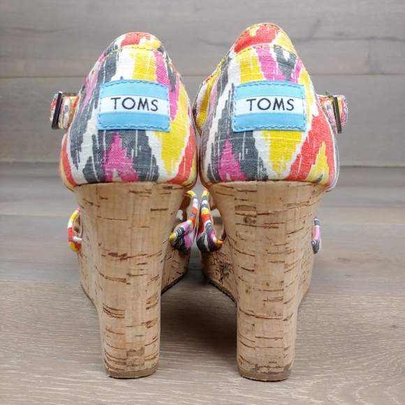 Toms Cork Wedge Canvas Multi Color Print Sandals - Picture 4 of 8